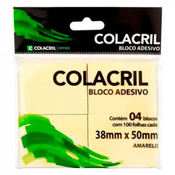 Bloco de Notas Adesivo Com 4 Colacril, 38MM x 50MM, 100 UND, Amarelo - 301A11C191C